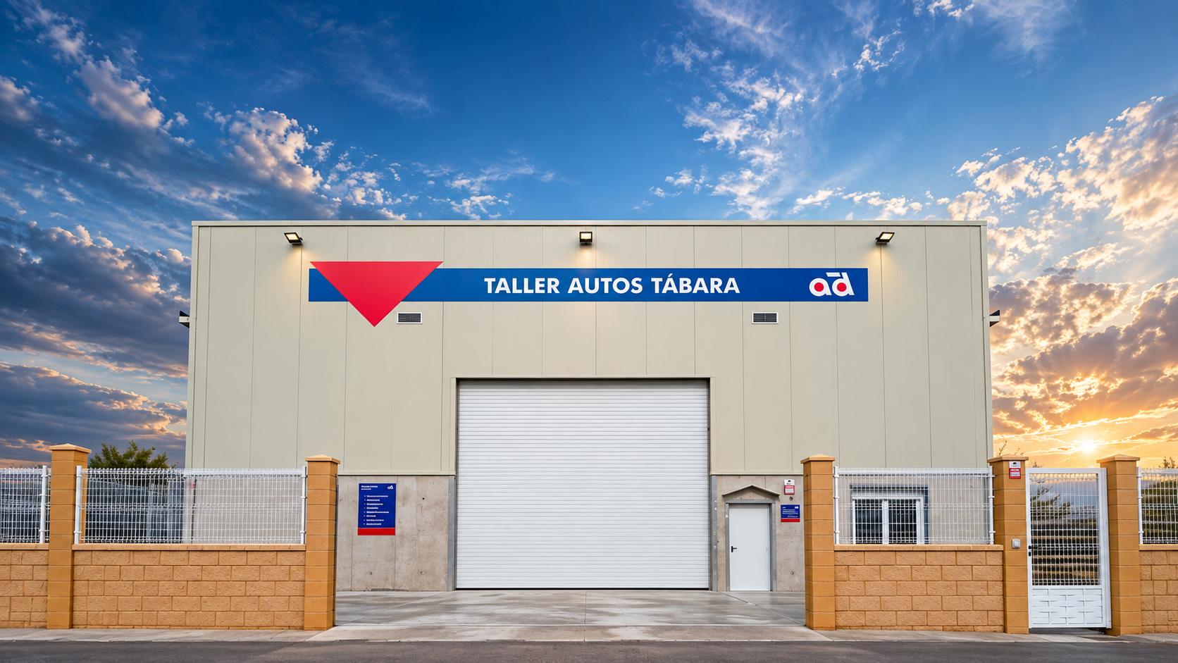 Fachada del taller Autos Tábara, con la entrada principal y el rótulo del taller.