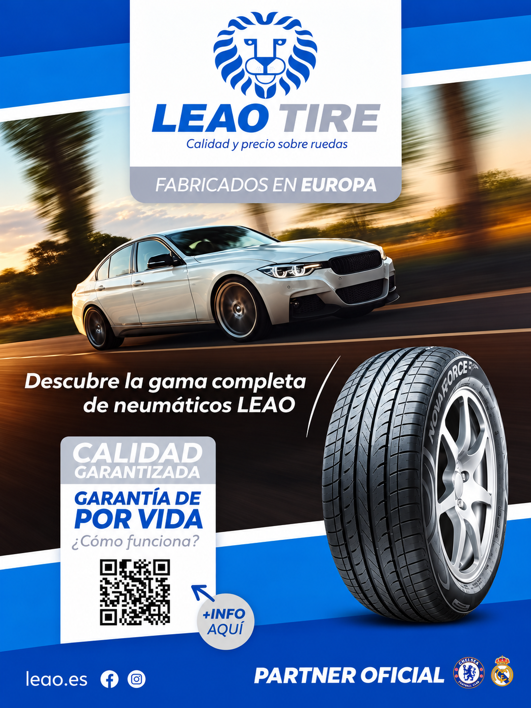 Cartel LEAO TIRE: gama de neumáticos, calidad y precio sobre ruedas e información de garantía.
